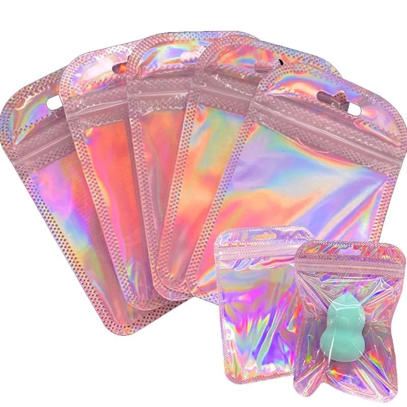 50pcs Iridescent Self Sealing OPP Bags Laser Iridescent Zip lock Resealable Package Pouch Retail DIY Jewelry Storage Accessories