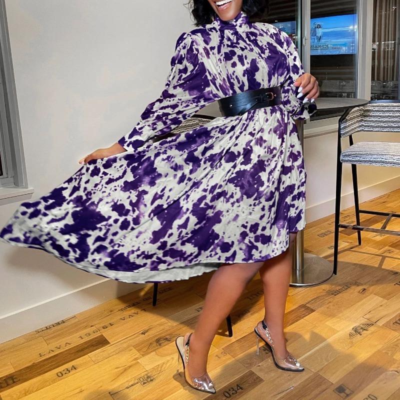 Free belt, new pullover print irregular large size dress.