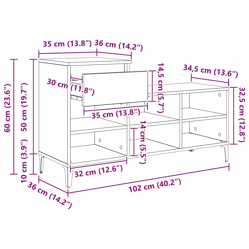 Shoe Cabinet with Shelf Black Oak Effect 102 x 36 x 60 cm