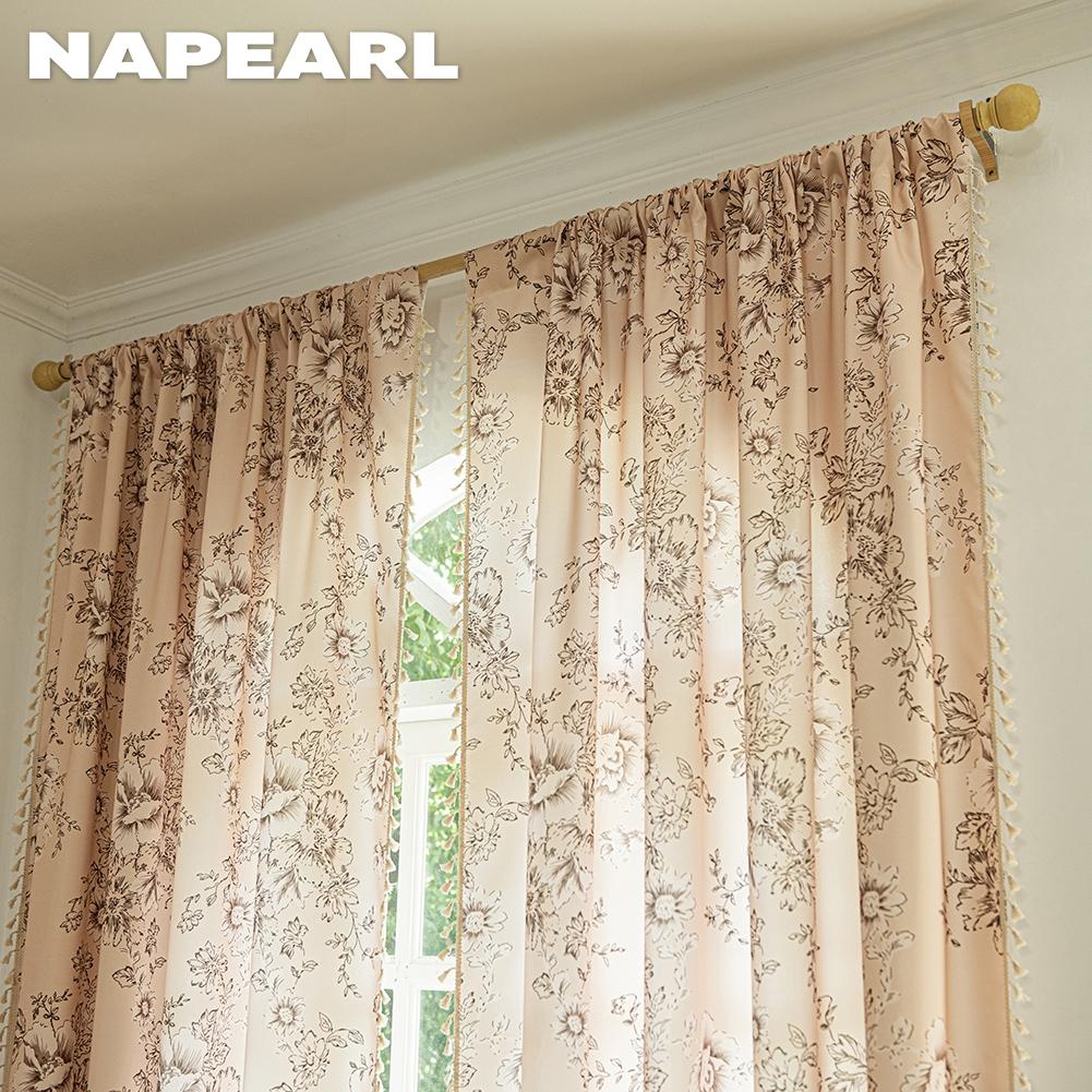1PC NAPEARL French Retro Gentle Printed Curtains with Tassel Edge Semi Transparent Curtains for Bedroom Living Room Window Home Decor