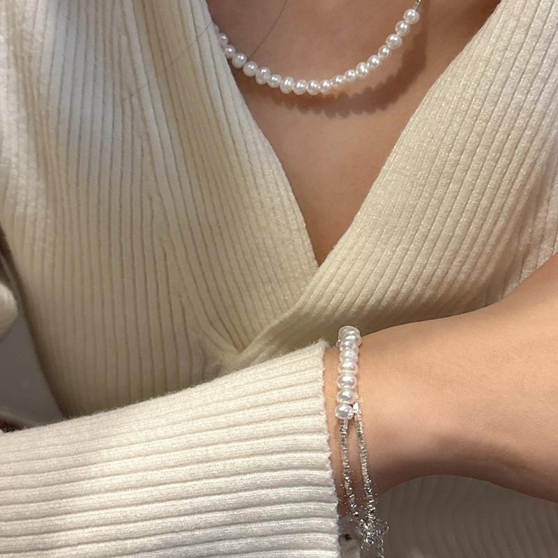 S925 Sterling Silver Fashion Pearl Broken Silver Necklace Korean Style Simple Fashion Collarbone Chain