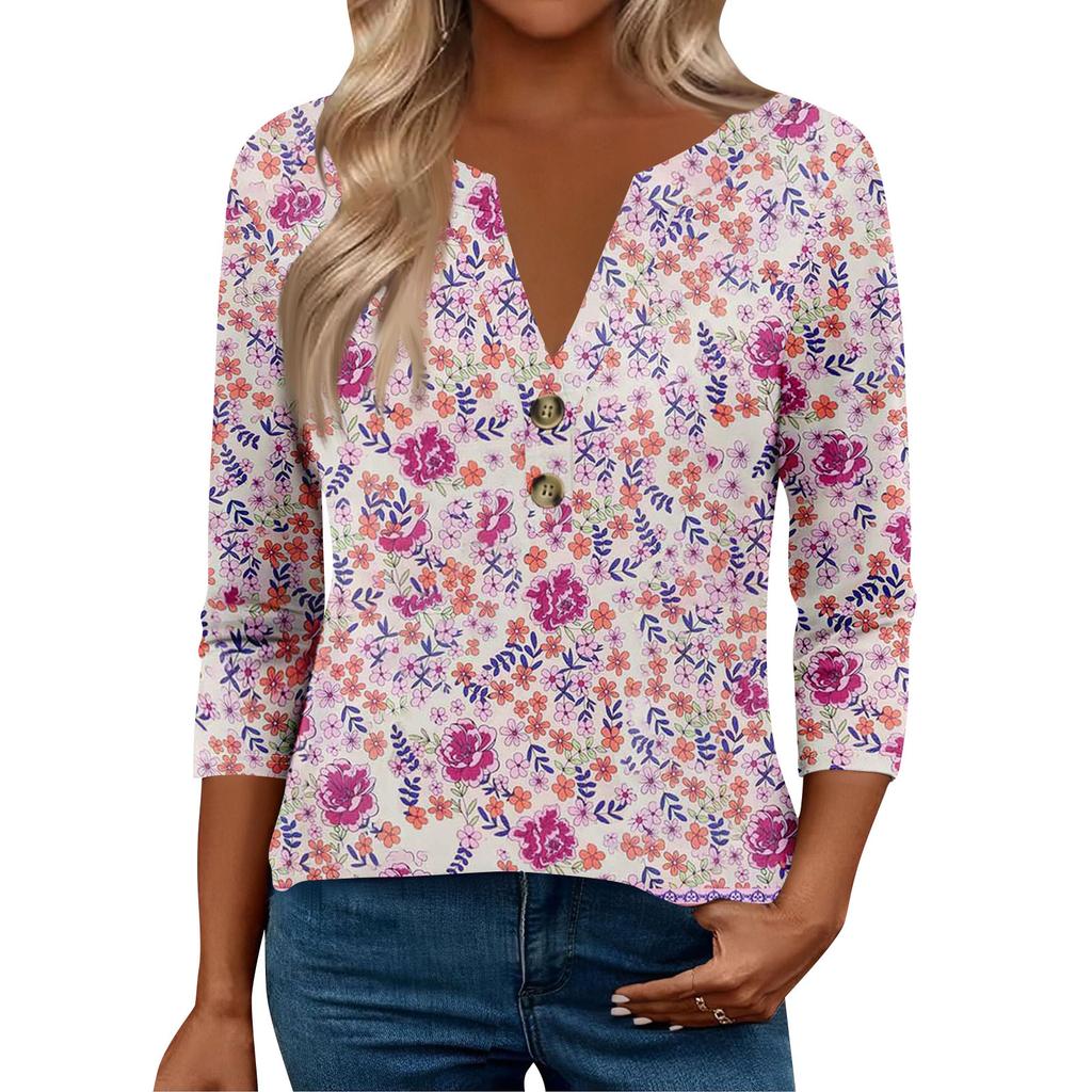 3/4 Sleeve Womens Tops For Women Henely Tops Button V Neck  Loose Fit Dressy Womens Summer Tops