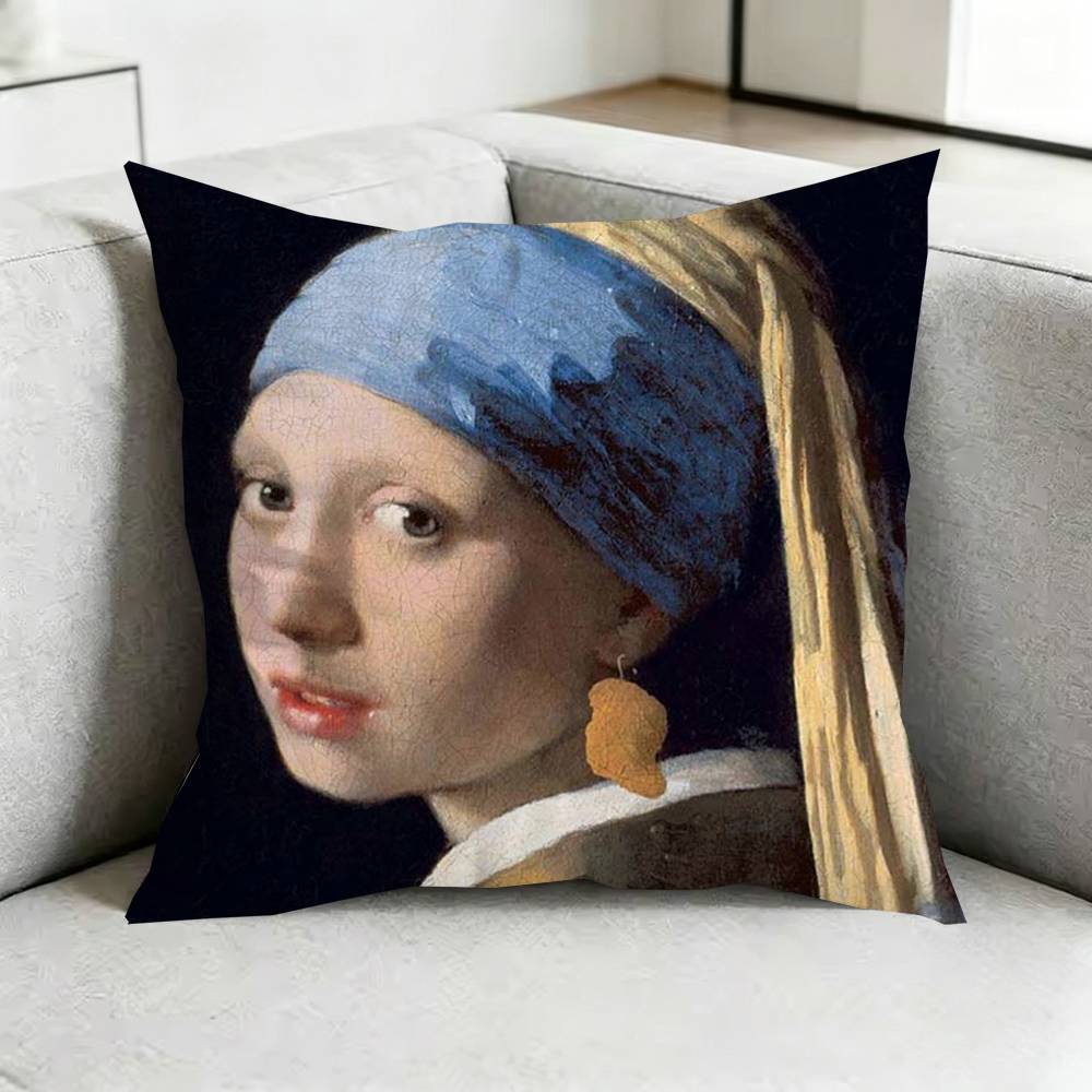 Girl With A Pearl Earring V-Vermeer Square Double-Sided printed Pillow Case Bedroom Bedside Pillow Sofa Cushion Cover Gift