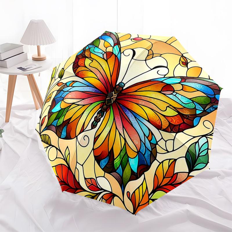 1pc Stained Glass Butterfly Design Automatic Opening Folding Umbrella with 8-Bone Iron Frame - Portable Outdoor for Fans, Travelers, Daily Use, Festiv