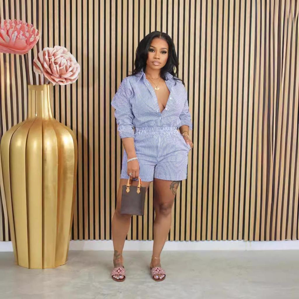 Frühling/Sommer Damen Gestreiftes Knopfrevers Zweiteiliges Set