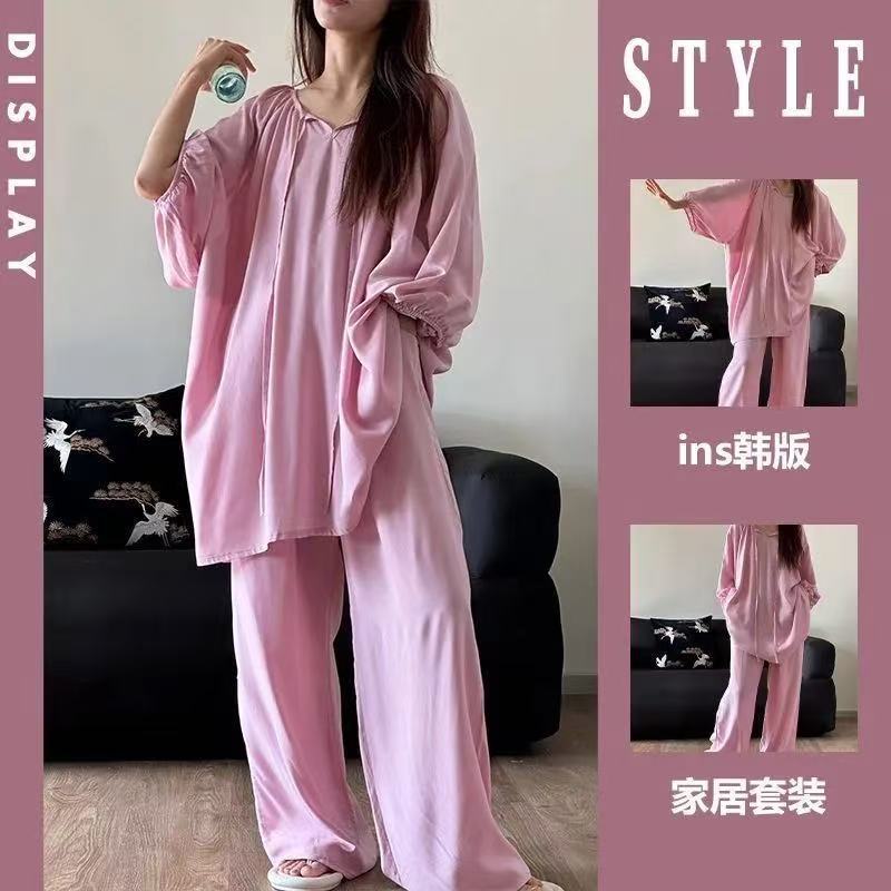 

Женский свободный пижамный комплект: топ с рукавом три четверти и брюки, одежда для сна, комплект из 2 предметов для женщин, повседневная домашняя одежда оверсайз 4XL