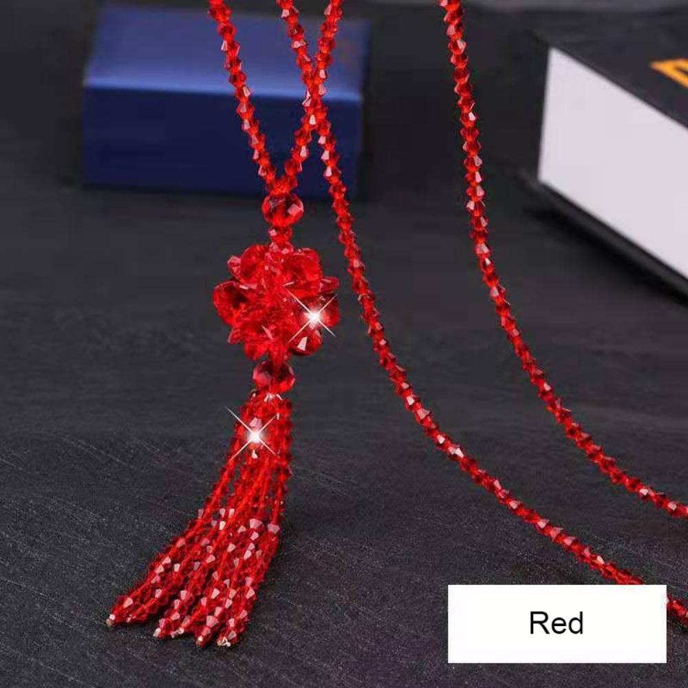 

Faux Crystal Women Crystal Necklace Long Tassels Pendant Good Gloss Sweater Necklace Shiny Knotted Beaded Necklace красный