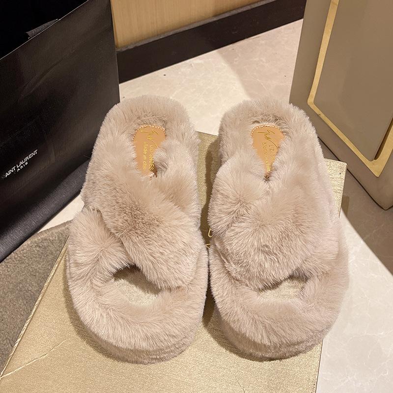 Fairy Wind Thick-soled Fluffy Slippers Female 2025 Autumn and Winter New Round Head High Heel One-letter Women's Cotton Slippers