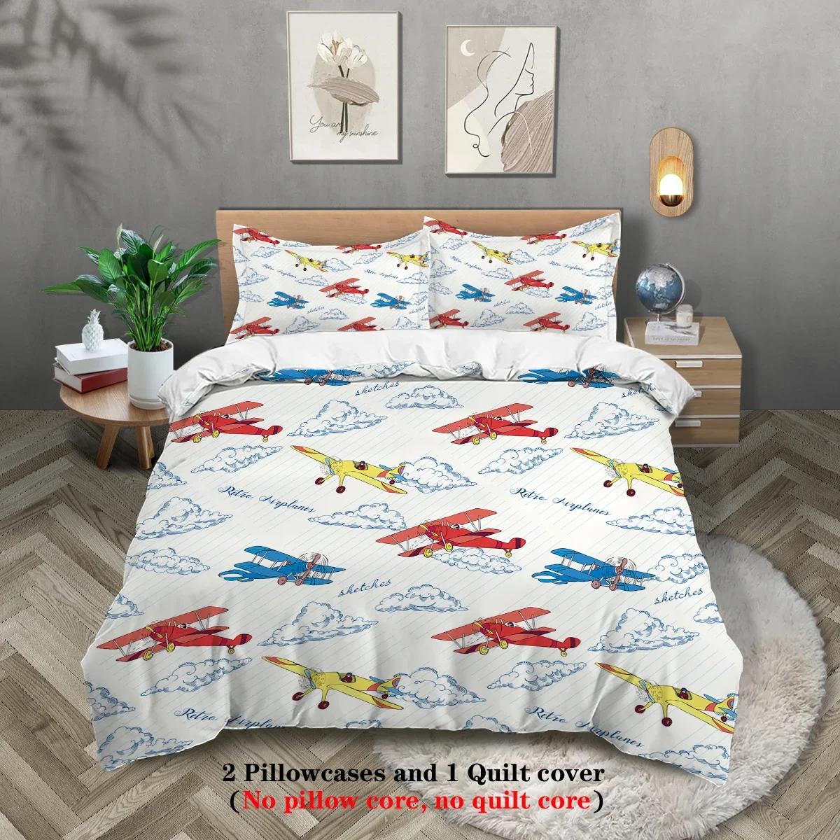 

3-Piece Cartoon Airplane Pattern Print (1 Duvet Cover+2 Pillowcases, No Core) Soft And Comfortable Bedding Set EU Twin(135x200cm)
