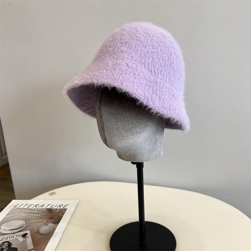 New Imitation Mink Knitted Vertical Striped Bucket Hat Women's Simple Solid Color Warm Fisherman Hat Trendy