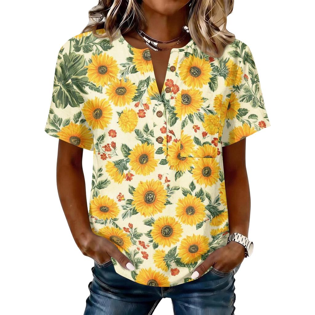 Women’s Short Sleeve Cotton Linen Henley Shirt with Sunflower Print and Button Front Casual Loose Fit Top for Summer Spring