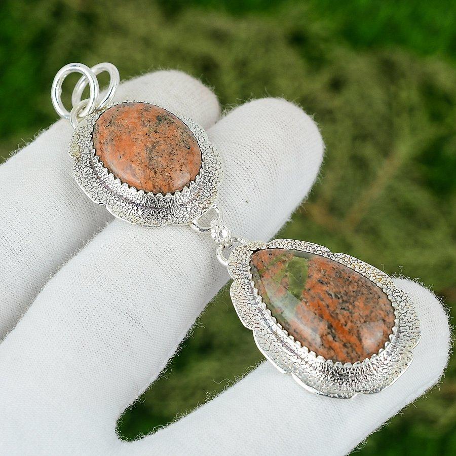 Natural Grass Garnet Gemstone Pendant Orange 925 Sterling Silver Indian Jewelry
