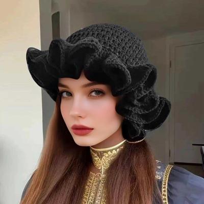 Fisherman Hat Solid Color Ruffled Brim Design Knitting Hat Windproof Warm Sun Protection Outdoor Activities Hat