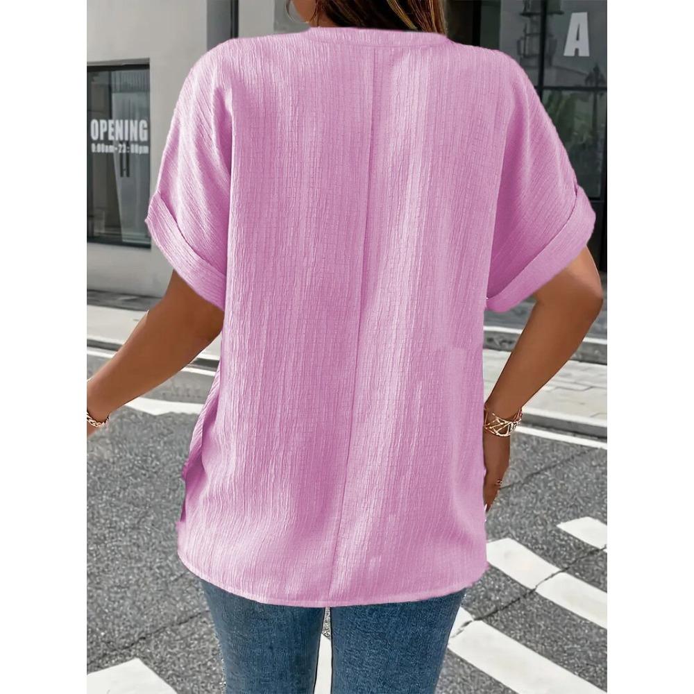 Spring and Summer Women's Fashion Casual Solid Color Button V-neck T-shirt for Women