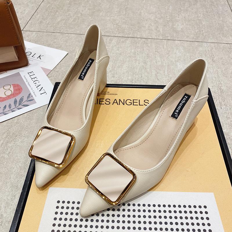 55-Pointed head shallow mouth single shoes square buckle commuter work shoes comfortable thick heel high heels comfortable height increase