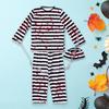 4Pcs/Set Halloween Outfit Adult Kid Prisoner Costume with Classic Robe Style Striped Print Role-Playing Tops Pants Hat Chain Set
