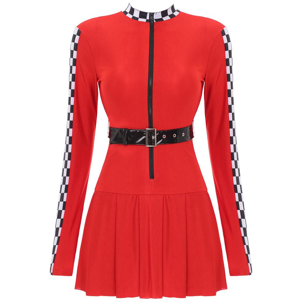 Cosplay Theme Party Cheerleading Dancewear Racer Girl Racing Race Car Driver Costume A-line Checkerboard Pleated Dress with Belt