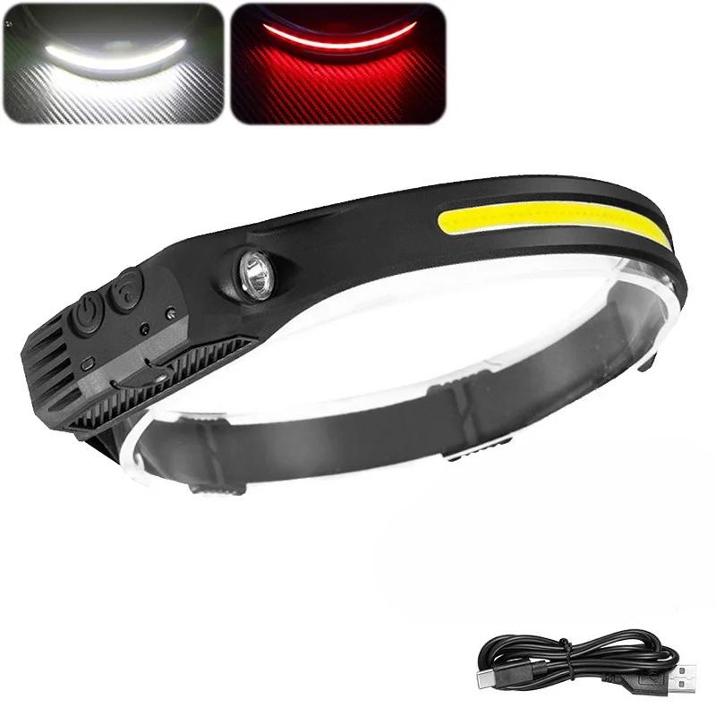 COB LED Headlamp Induction Head Lamp Built-in Battery USB Rechargeable Head Flashlight Outdoor Camping Fishing Sensor Headlight
