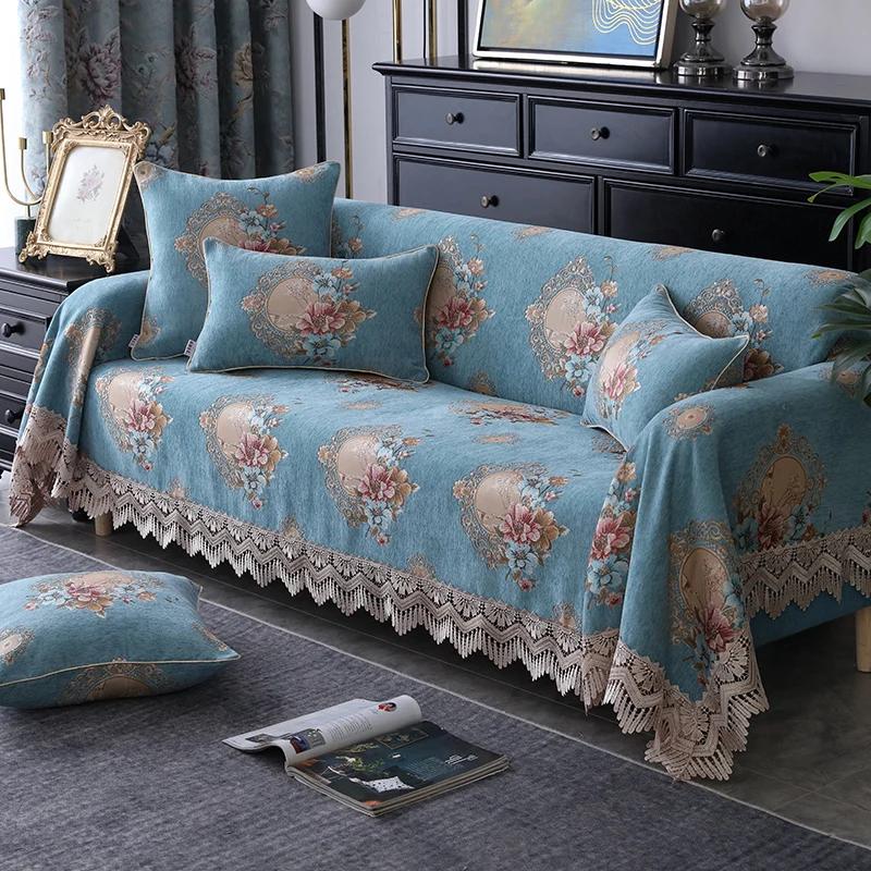Europäisches Jacquard-Sofatuch mit Blumenmuster, dickes Chenille, vollständig bezogener Sofabezug mit Quaste, All-Inclusive-Schonbezug, 1, 2, 3, 4 Sitzer