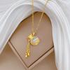 Stainless SteEL Chain Cat's-Eye Stone Lucky Bag Tassel Necklace Elegant Collarbone Jewelry for Women Dates and Parties