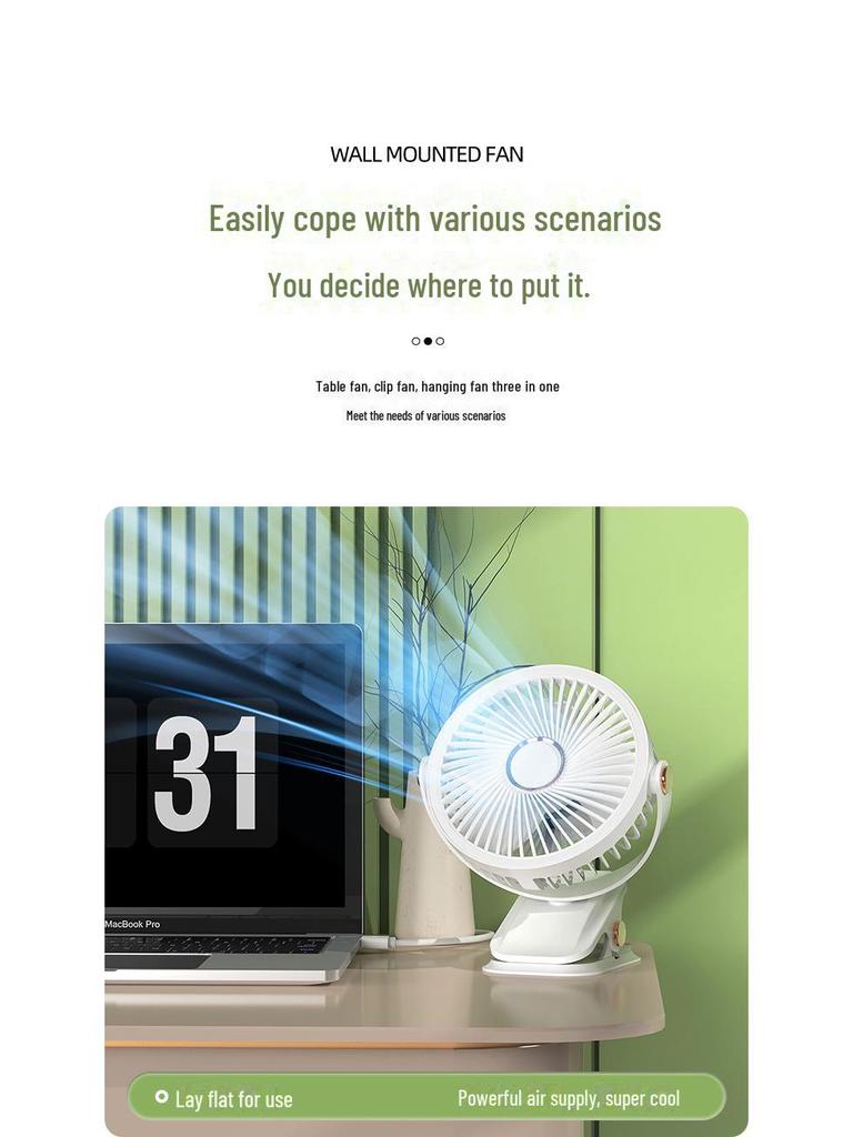 Rechargeable USB Clip Fan with Desk Lamp - Large Battery, Portable for Student Dormitories
