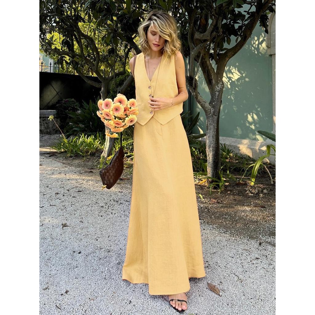 Women's  Summer Cotton Linen Vest Maxi Skirt Two Piece Set Casual Outfit, European American Style Casual Matching Suit