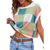 Summer and Autumn Crop Exposed Short Sleeved Color Block Round Neck Knitted Checkerboard Short Women's Sweaters