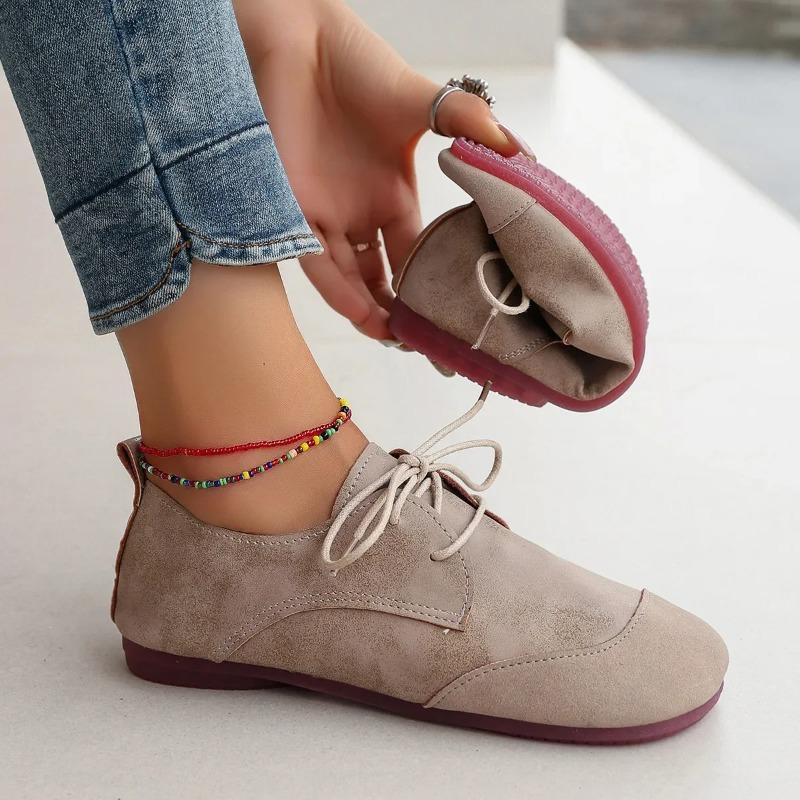 Women's Vintage Flat Bottom Casual Shoes Plus Size Versatile Soft Leather Flats Oxfords Woman Lace-up Soft-soled Casual Sneakers