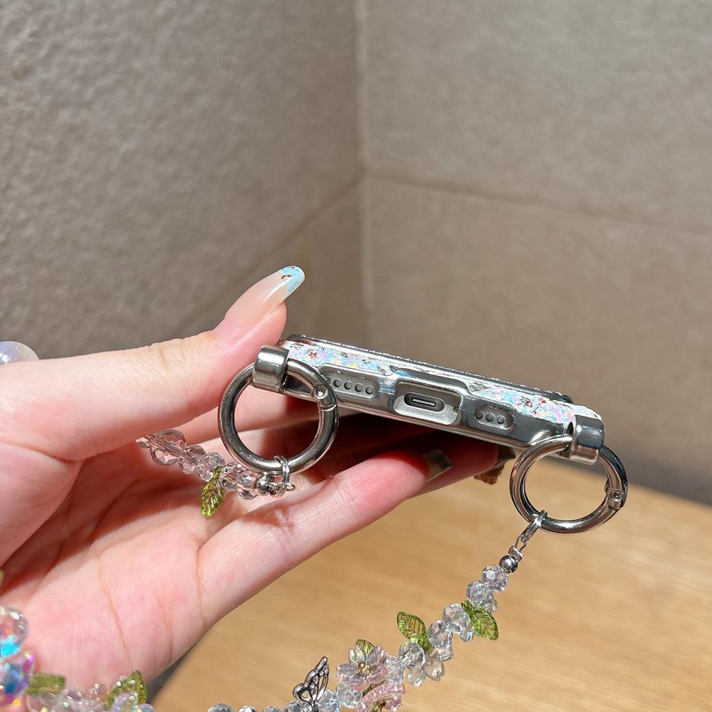 KEYSION Women Girl's Flower Phone Case for iPhone 14 15 16 17 Pro Max Card Holder Bag Shockproof Cover with Bead Bracelet Chain