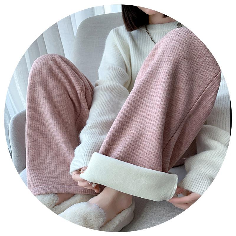 [0g velvet imitation cashmere] Drawstring wide-leg pants women's winter high-waisted warm-knitting straight-leg pants with velvet and thicker