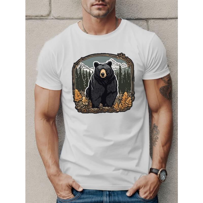 European Sizes Black Bear Print T Shirt, Tees For Men, Casual Short Sleeve T-shirt For Summer