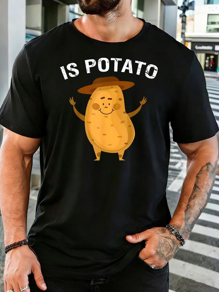 Unisex Crew Neck Tee Funny Cartoon Potato With Hat Text Print Short Sleeve Top Summer Daily Outdoor Loose Soft Casual Basic Wear