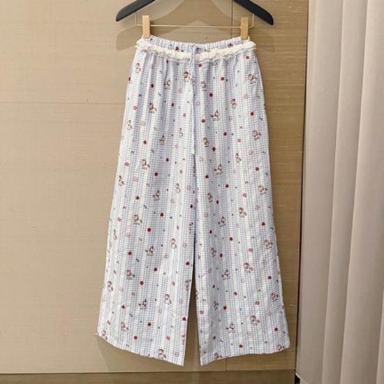 2026 Spring/Summer Women s Sweet Cartoon Lace Trim Straight-Leg Pants Small синий