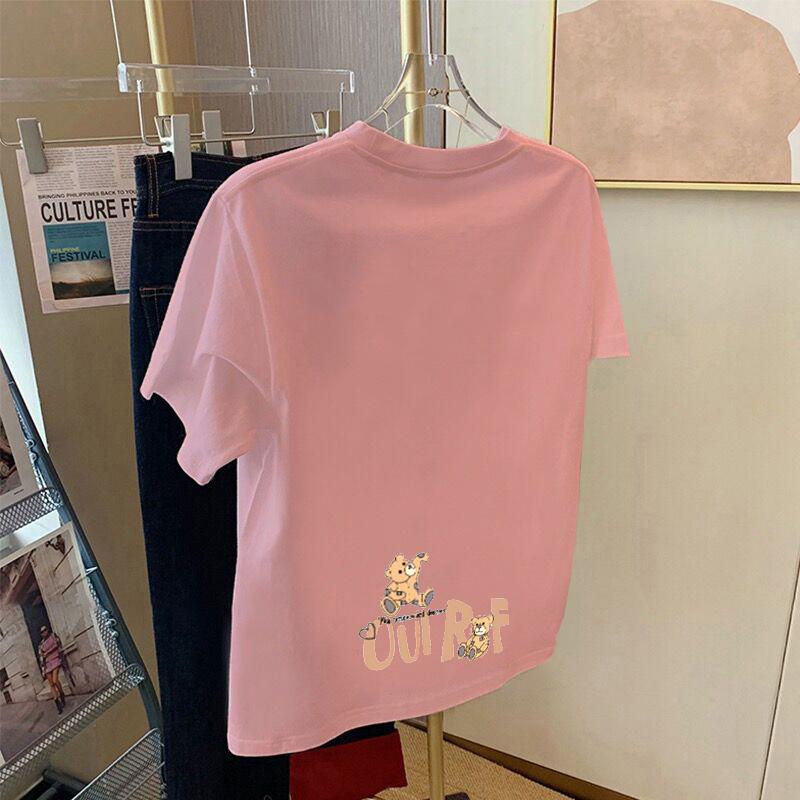 

Apricot shoulder cartoon print short-sleeved t-shirt women s summer white cotton loose top 3XL