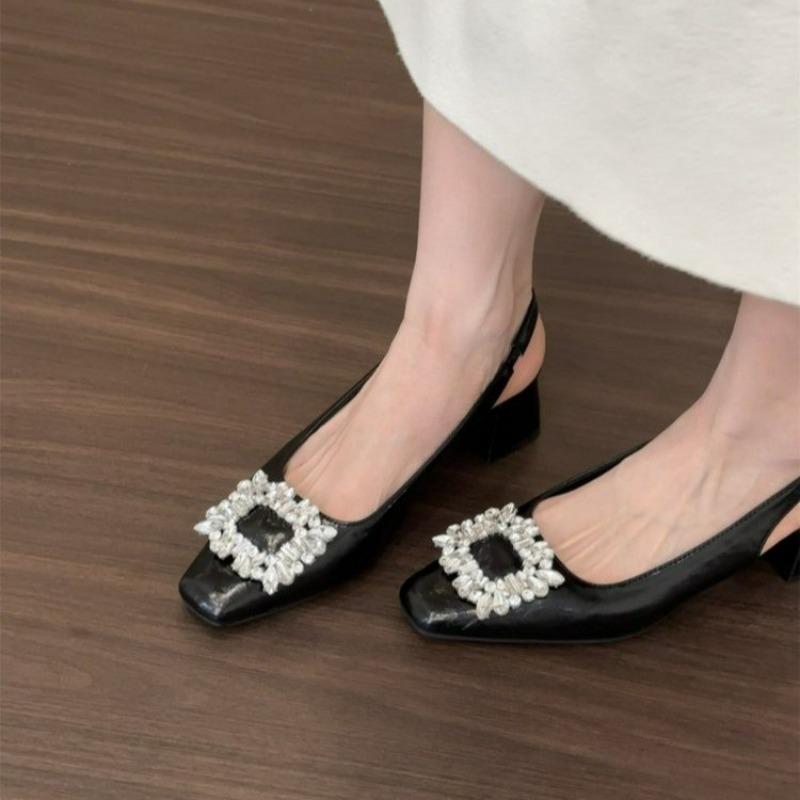 Fashion Fashion Square Heel Sandals Summer New Bao Head Shallow Mouth Crystal Square Head Anti-slip Wear-resistant High Heels