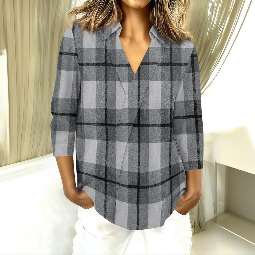 3/4-Ärmel Damenoberteile V-Ausschnitt Shirts Trendy Bedruckte Business Casual Arbeitsblusen