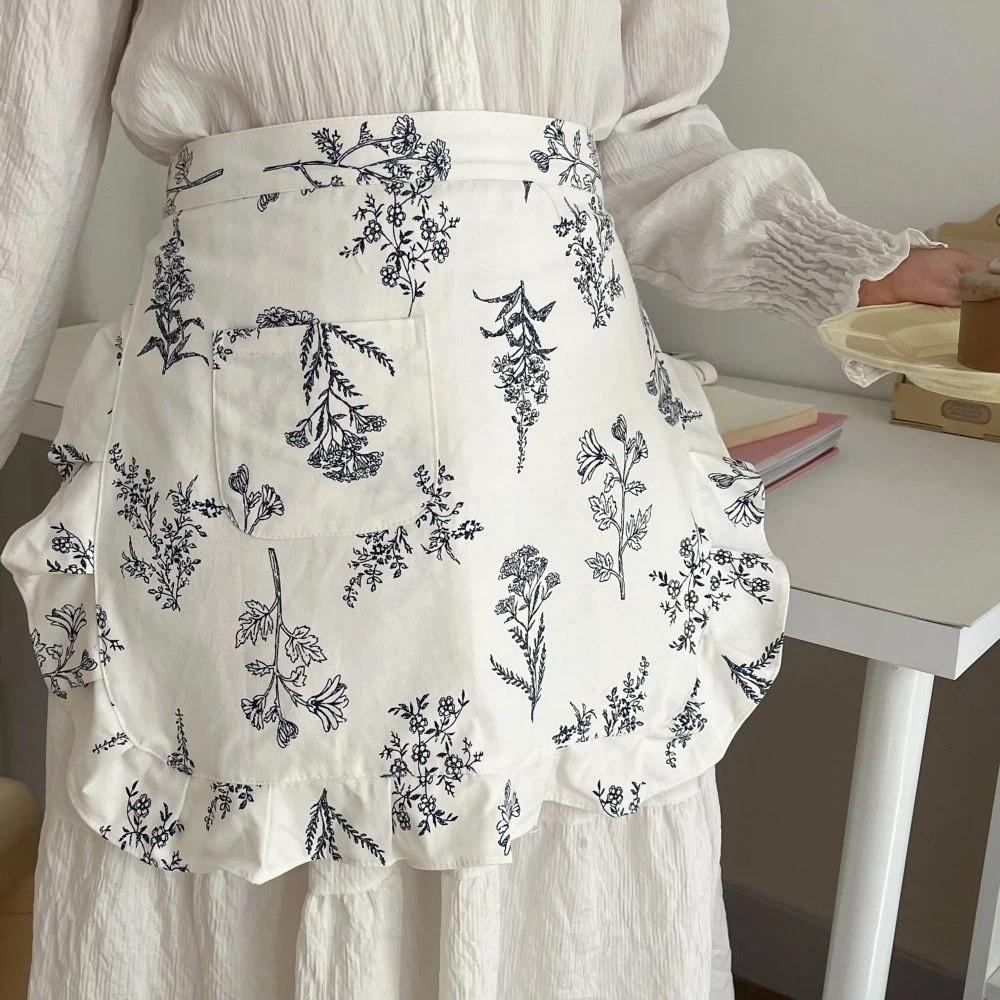 with Pocket Korean Style Apron Fashion Kitchen Cafe Baking Apron Floral Plaid Half Apron Man Woman