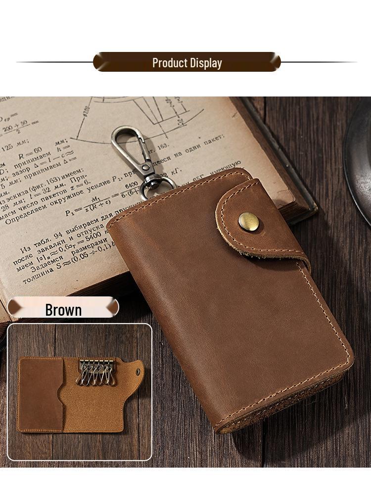 Universal Crazy Horse Leather Key Holder with Card Slot and Waist Buckle for Men and Women