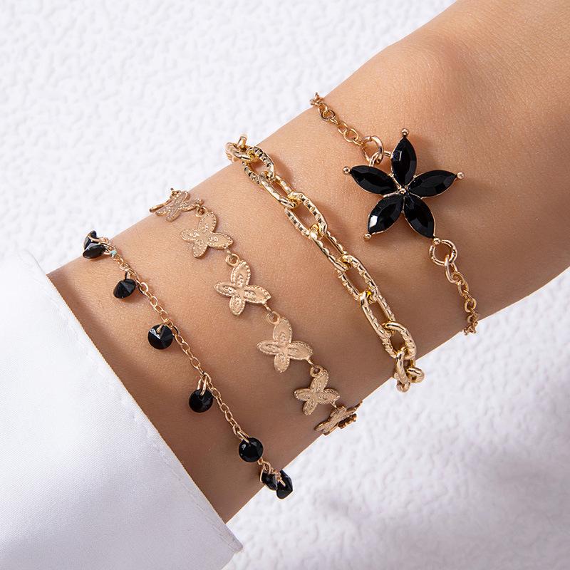 Accessories, Butterfly Imitation Gemstone Hollow Four-layer Bracelet, Geometric Opening Four-piece Bracelet Set
