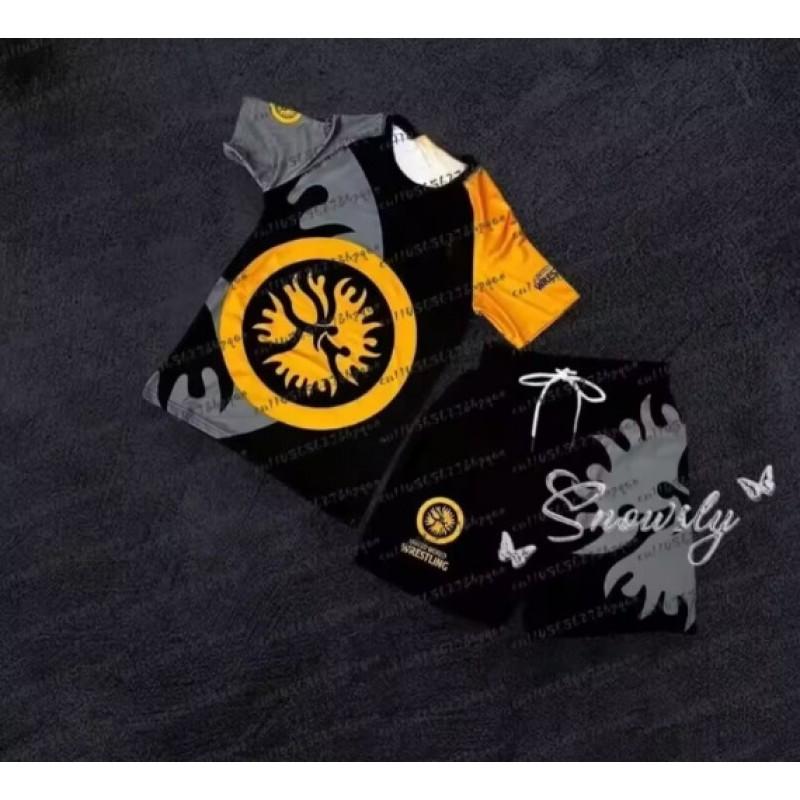 Mens Breathable 3D Printed Wrestling Martial Arts Training Set Short Sleeve T-Shirt Shorts