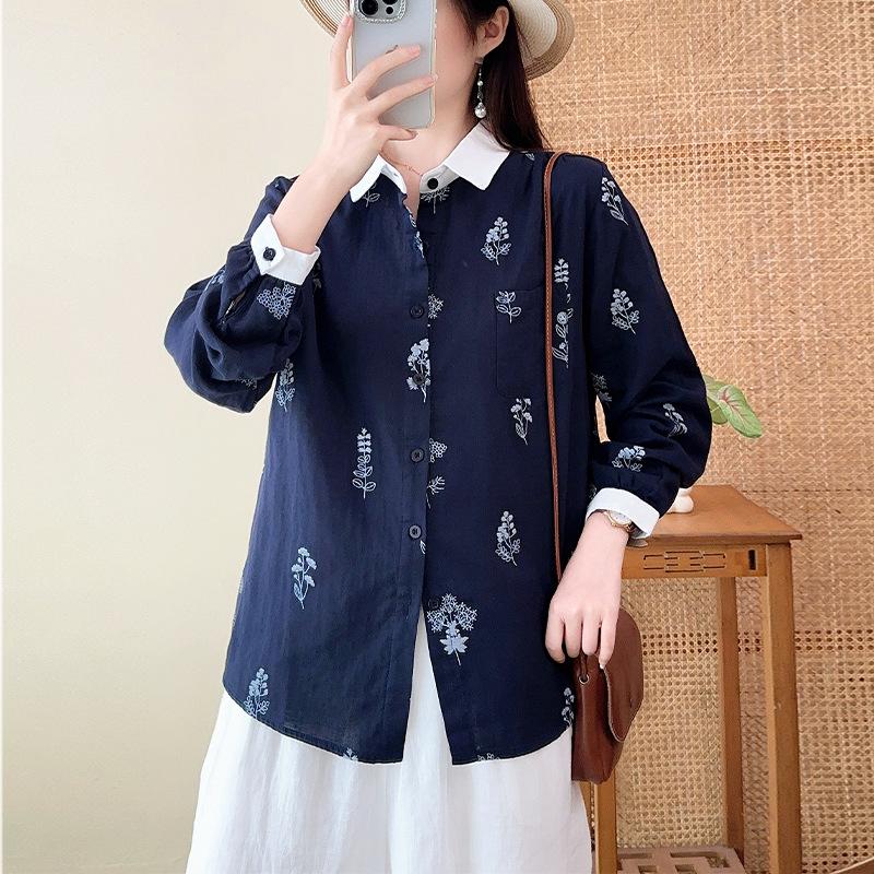Dubbellaagse katoenen garen pure katoen revershemd, nieuwe Japanse casual stijl los en eenvoudig bloemenprint lange mouwen top voor dames