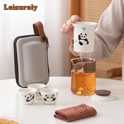 Chinesischer Niedlicher Panda Tragbares Reise-Teegeschirr-Set Elegantes Teewerkzeug-Set 1 Kanne 3 Tassen Teekocher Picknick-Tragetasche Teeritual Handwerk