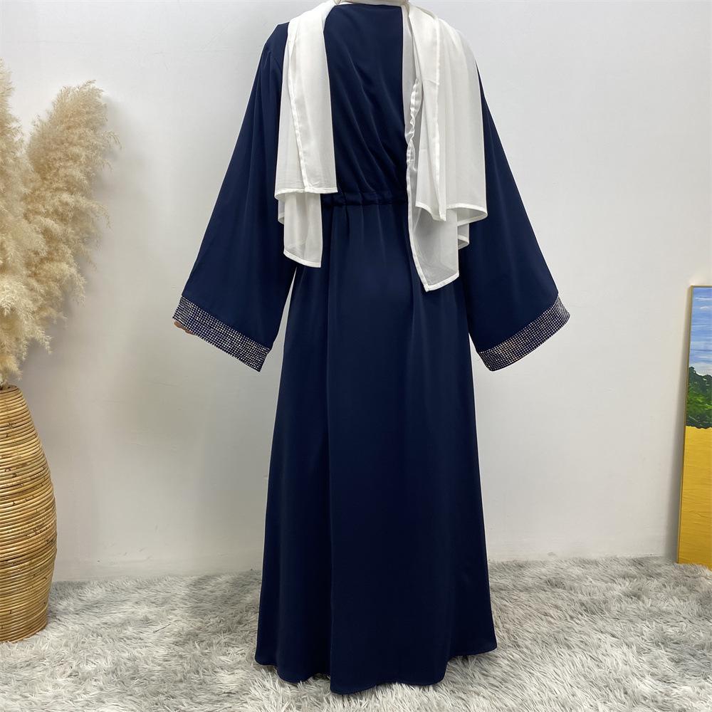 Women's Hotfix Patchwork Lace-Up Dress with Pockets - Middle Eastern Muslim Fashion 6758