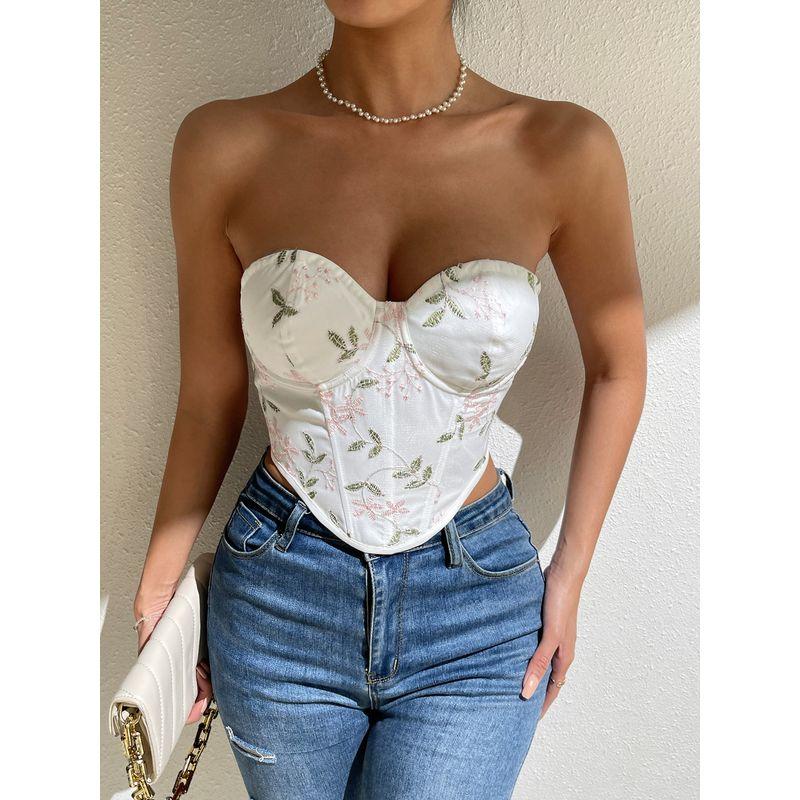 

Мода Сексуальный Ветер Цветок Вышивка Косточки Стальное Кольцо Бриллиант Открытая Спина Верх-Труба на Шнуровке White(Fishbone Tube Top) S