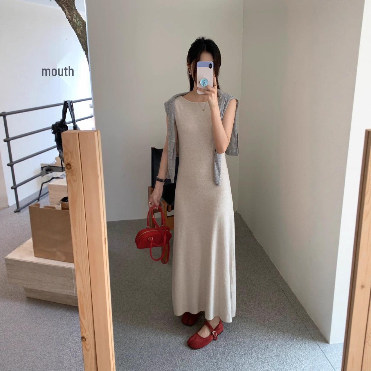 

Elegant Li Yi U-Neck Sleeveless Knit Dress - Autumn/Winter Over-the-Knee Solid Color Light Gray