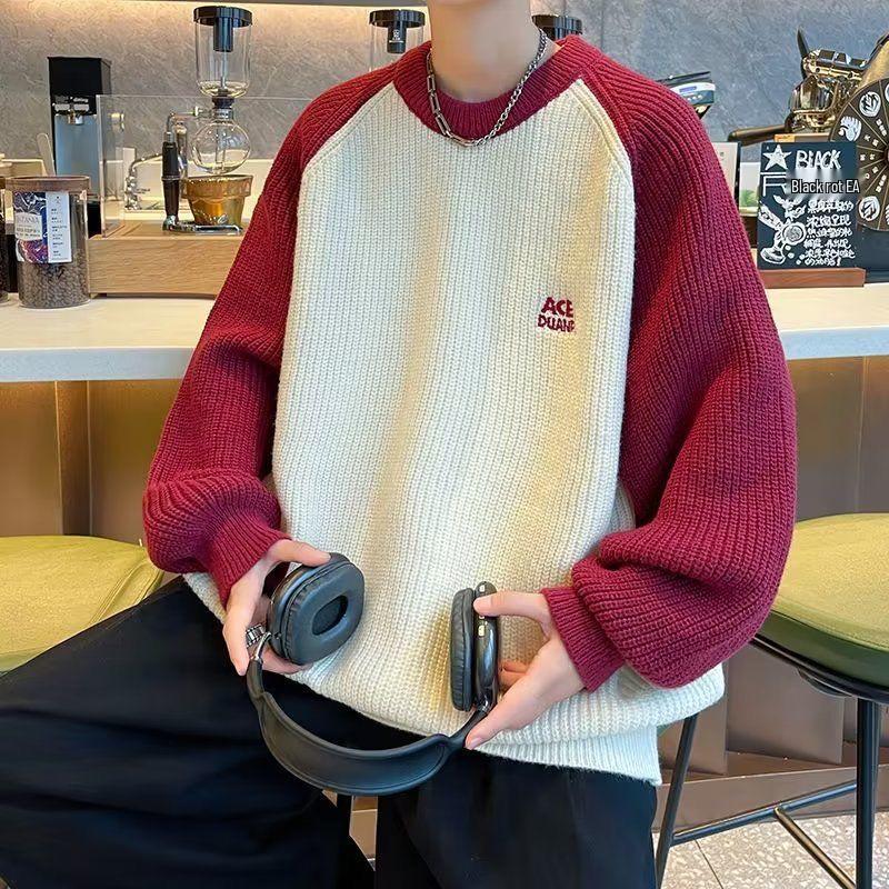 Men’s Retro American Style Raglan Sleeve Color Block Knitwear Jacket