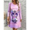 Cute Cat Floral 3D Print Dresses Women's Fashion Gradient Long-Sleeve Dress Autumn Winter Daily Casual Women's Loose Home Dress