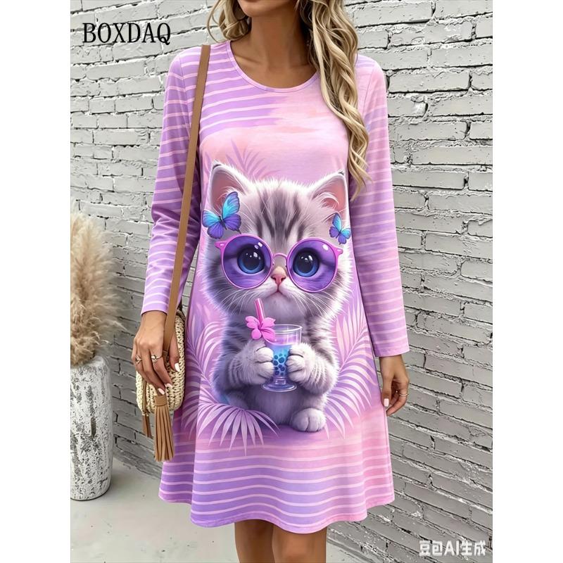 Cute Cat Floral 3D Print Dresses Women's Fashion Gradient Long-Sleeve Dress Autumn Winter Daily Casual Women's Loose Home Dress