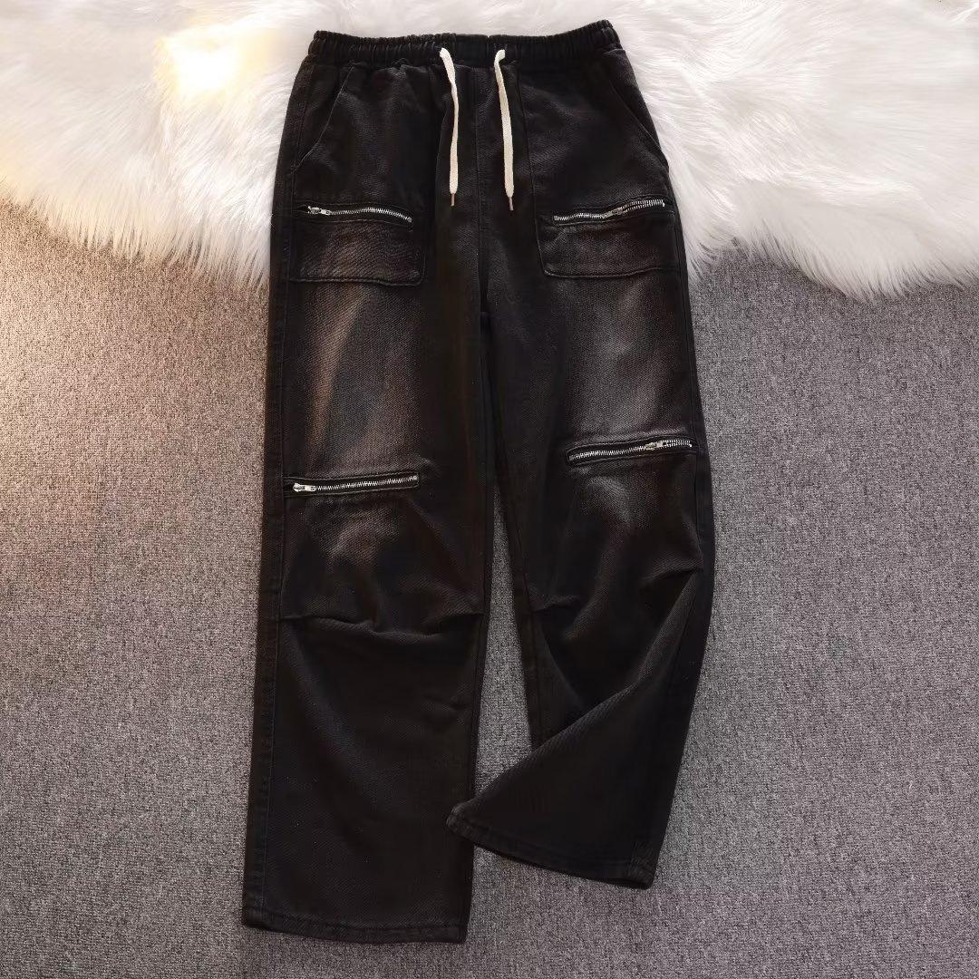 American trend high street design sense tooling jeans men s washed old retro loose versatile casual pants Stylish Relaxed Straight-leg Pants S чёрный