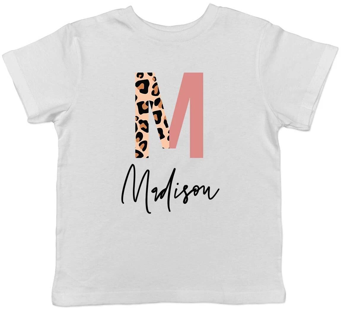 

Personalised Half Colour & Half Leopard Print Intial Letter Kid T-Shirt Boy Girl 140